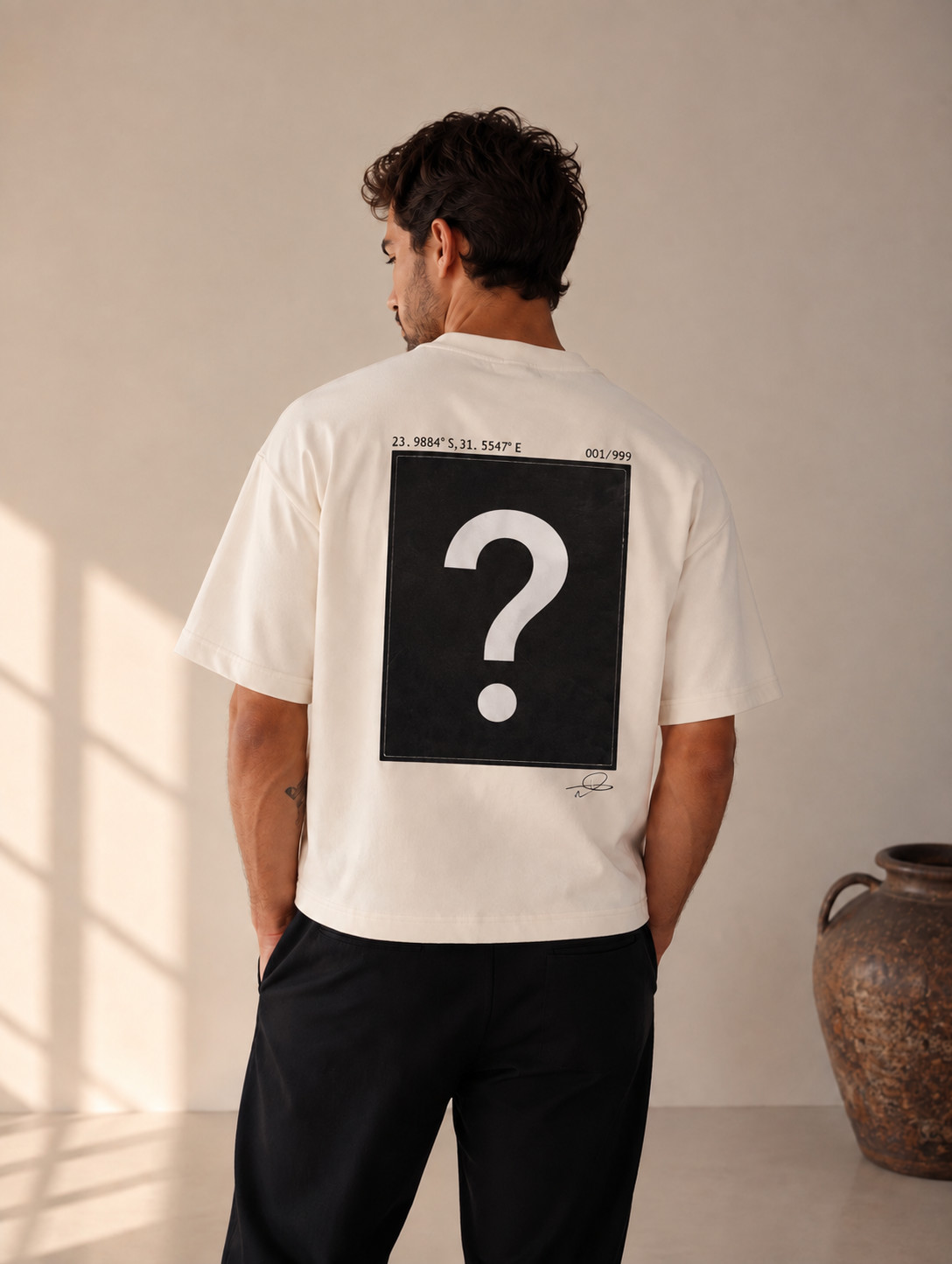 T-shirt écru imprimé d'une photographie du Taj Mahal, porté de dos, vue d'ensemble
